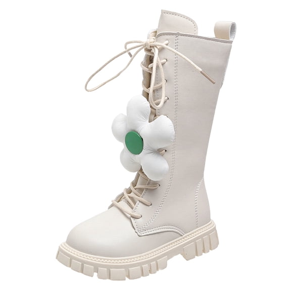 Kids Girls Lace Up Leather Knee High Riding Boots with Floral Toddler Platform Non Slip Wide Calf Long Combat Booties White Size 3 Big Kids