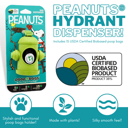 UPC: 0850028075104 | The Original Poop Bags® Dog Bags USDA Certified Biobased Dog Poop Bags Exclusive Snoopy Line Hydrant Poop Bag Dispenser Leash Style Poop Bags Dog Poop Bags 15 Count Black Pet Waste Bags