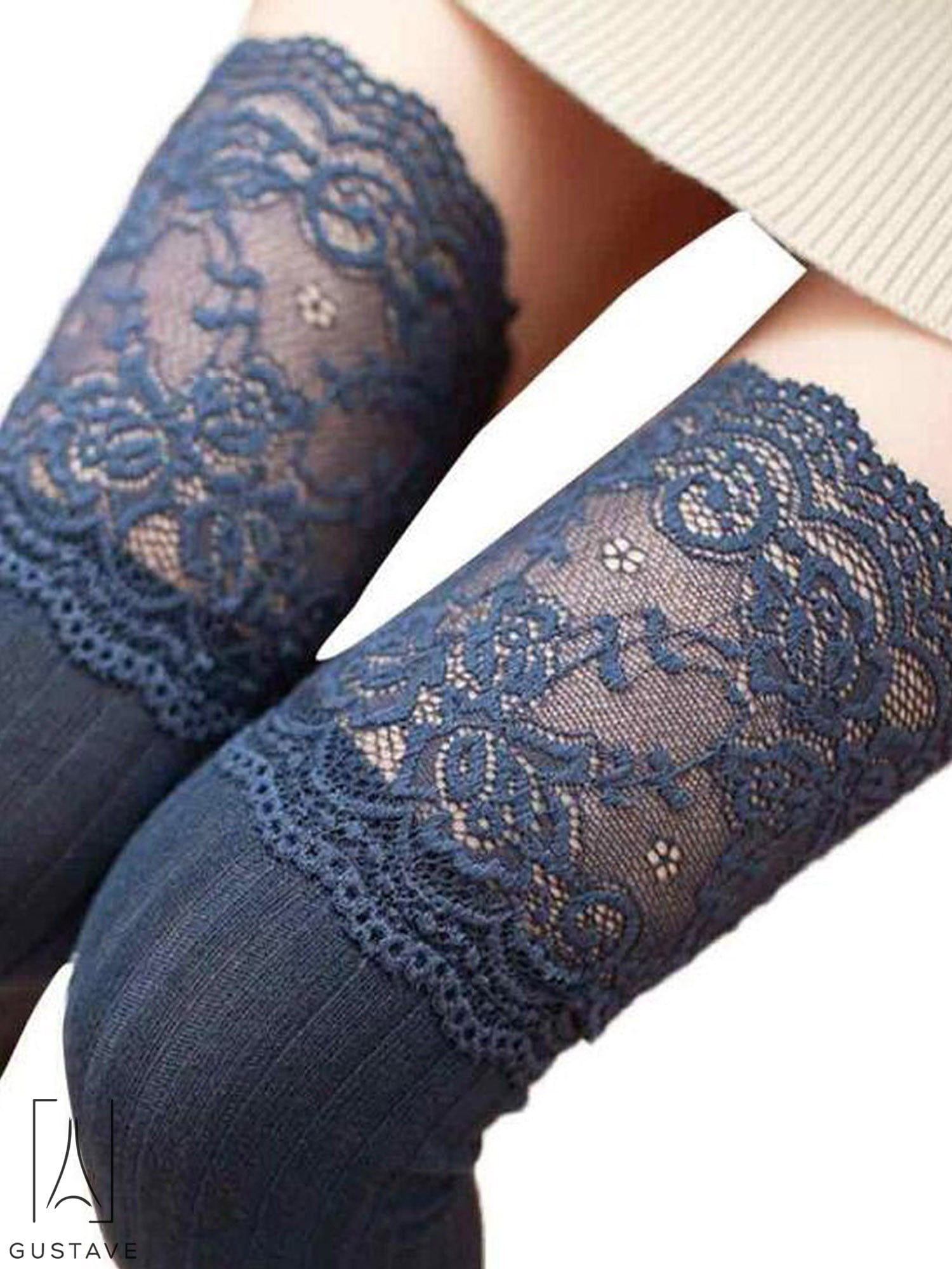 GustaveDesign Over the Knee Knit Long Thigh High Stockings Lace Plain Leg Warmers Boots Socks for Girls Women 'Navy'