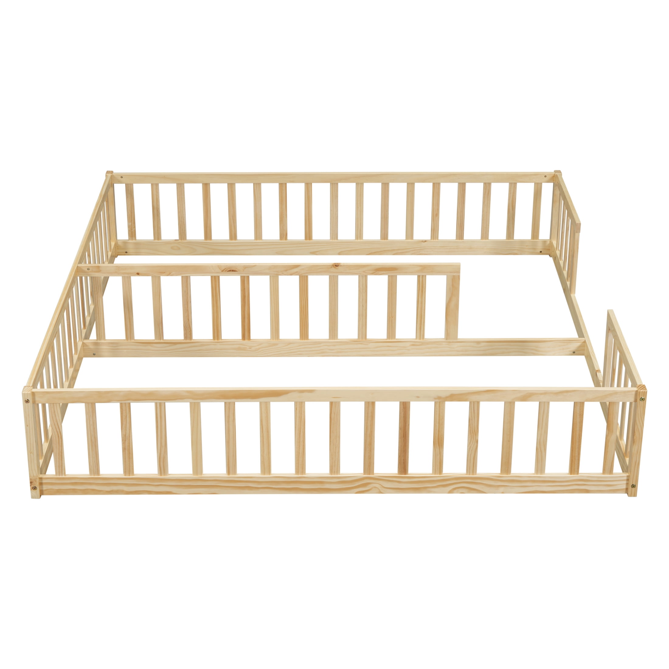 Noble House Finbar Double Twin Floor Bed with Fence Guardrails, Pine and Engineered Wood Frame for Kids, Natural