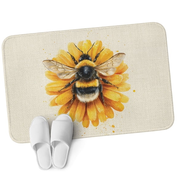 Front Door Mat 15.7"x23.6", Yellow Floral Bee Non Slip Backing & Low Profile Doormats, Absorbent Muddy Dirt Trapper Door Mats for Front Back Door Entryway All-Weather Summer Botanical Flowers Rustic