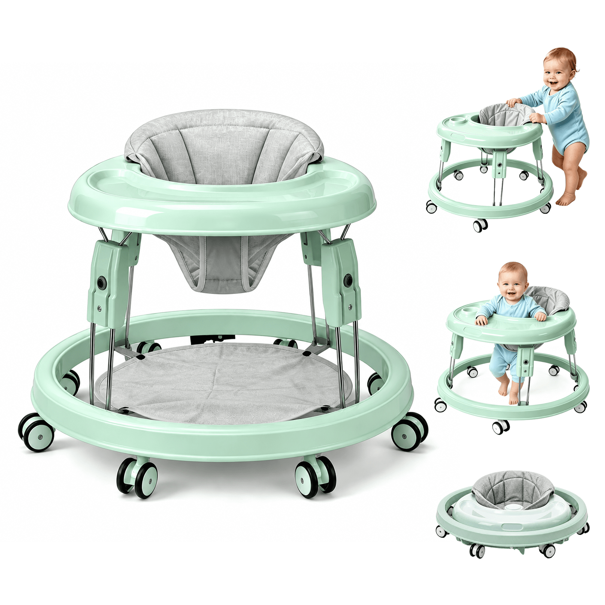 suihuooo Foldable Baby Walker With Wheels,Dining Tray,Breathable Cushion,Height Adjustable for 6-18 Months Boy Girls, Green