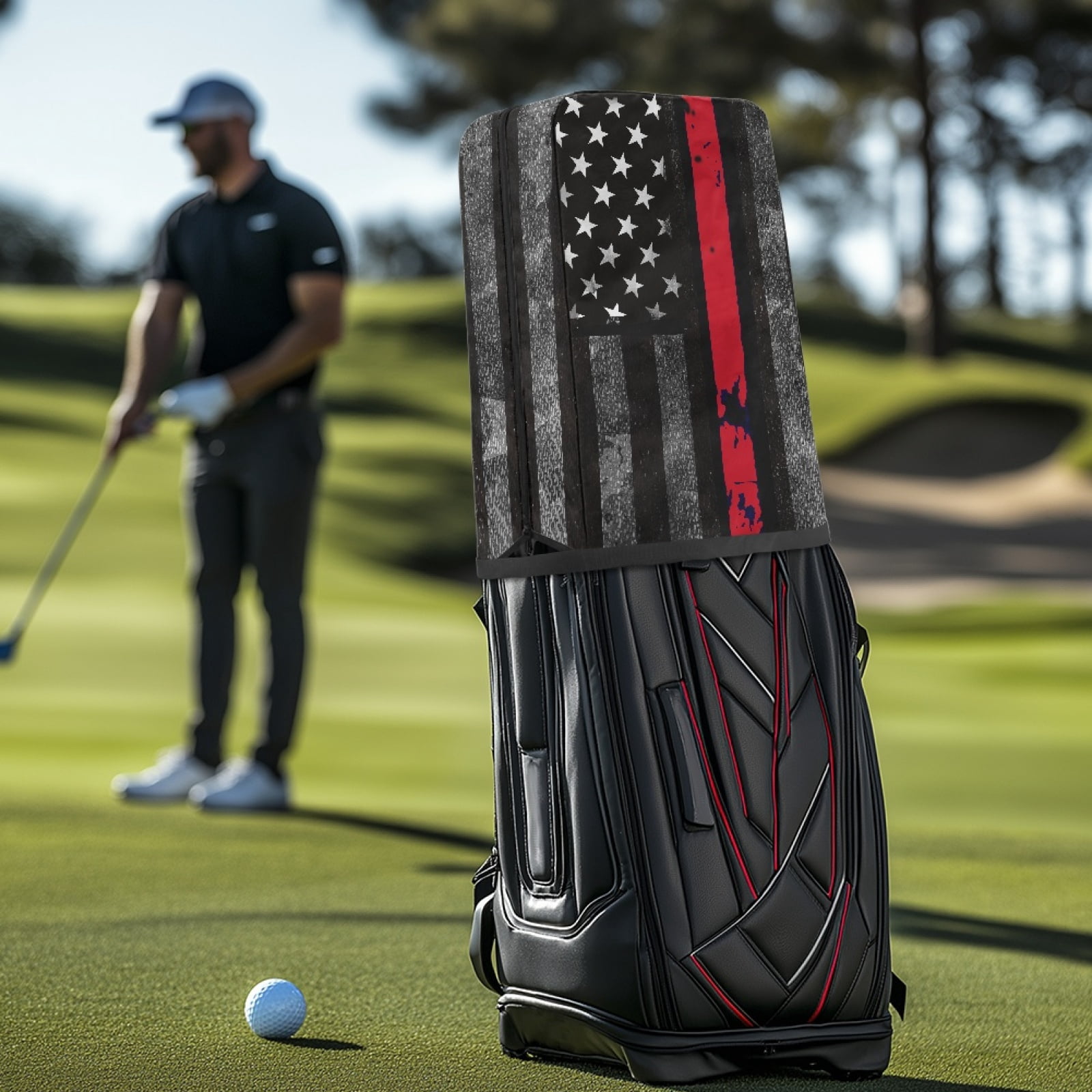Yuyamidu American Flag Golf Bag Cover Portable Golf Bag Rain Cover Red Line Golf Caddy Bags Covers Golf Gifts for Women Universal Golf Club Bag Accessories