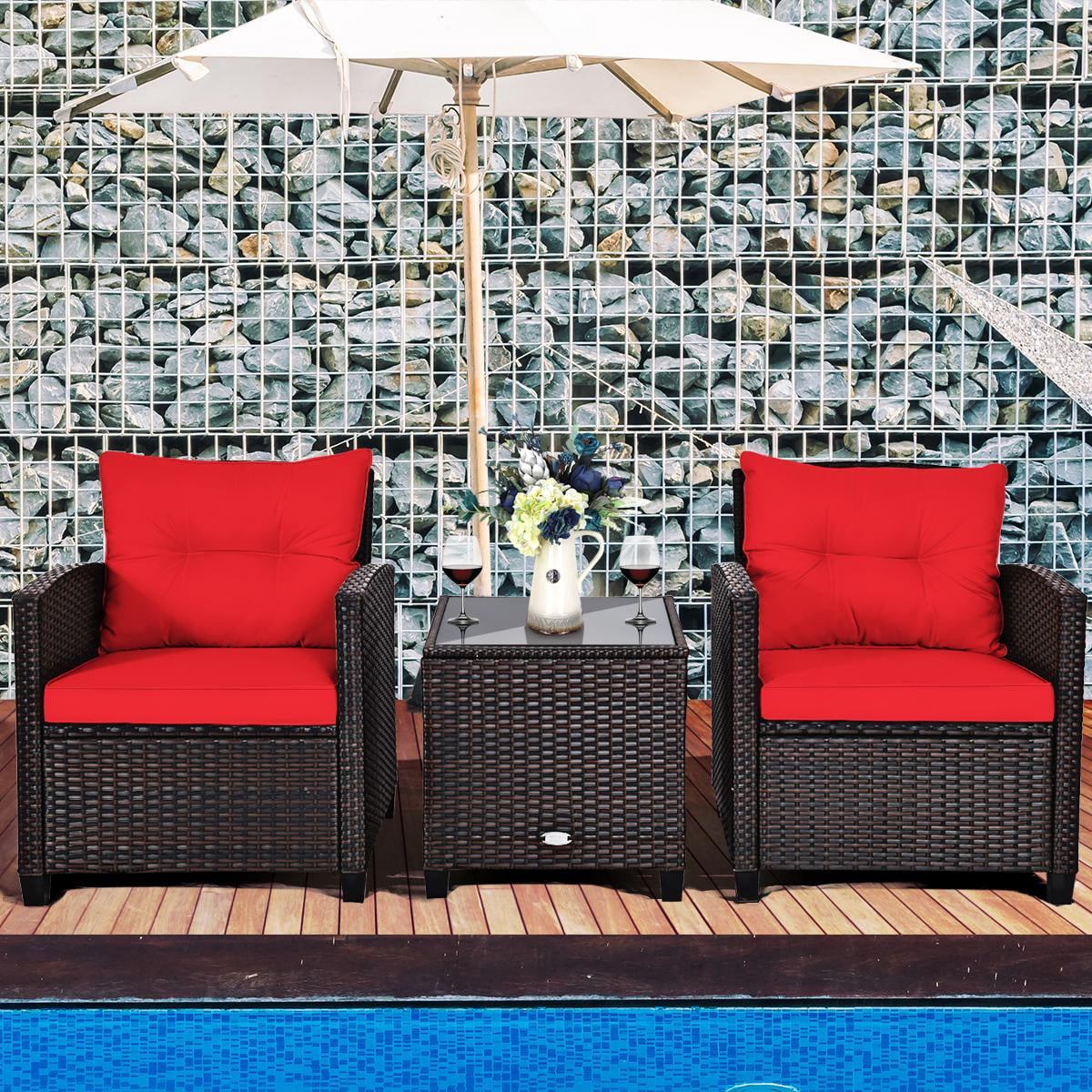 Giantex 3 Pieces Steel Rattan Patio Outdoor Sofa Set Cushion and Tempered Glass Tabletop Set, Red