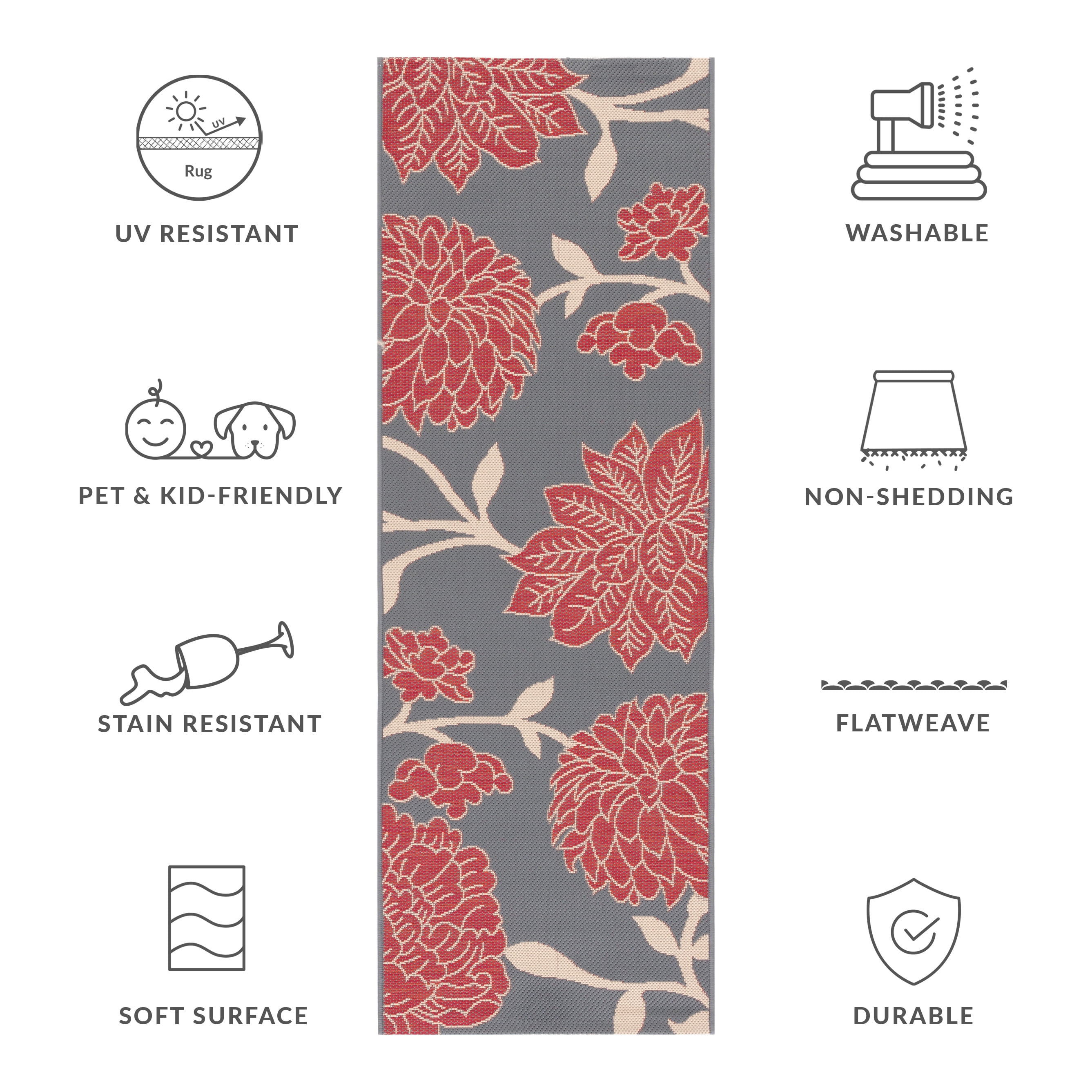 Safavieh Courtyard Tyson Floral Indoor/Outdoor Runner Rug, Anthracite/Red, 2'3" x 6'7"