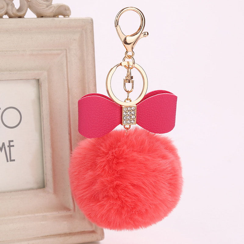 Real Rabbit Fur Pom-pom Ball Bowknot Keychain Ring Fluffy Puff Car Handbag Decor 