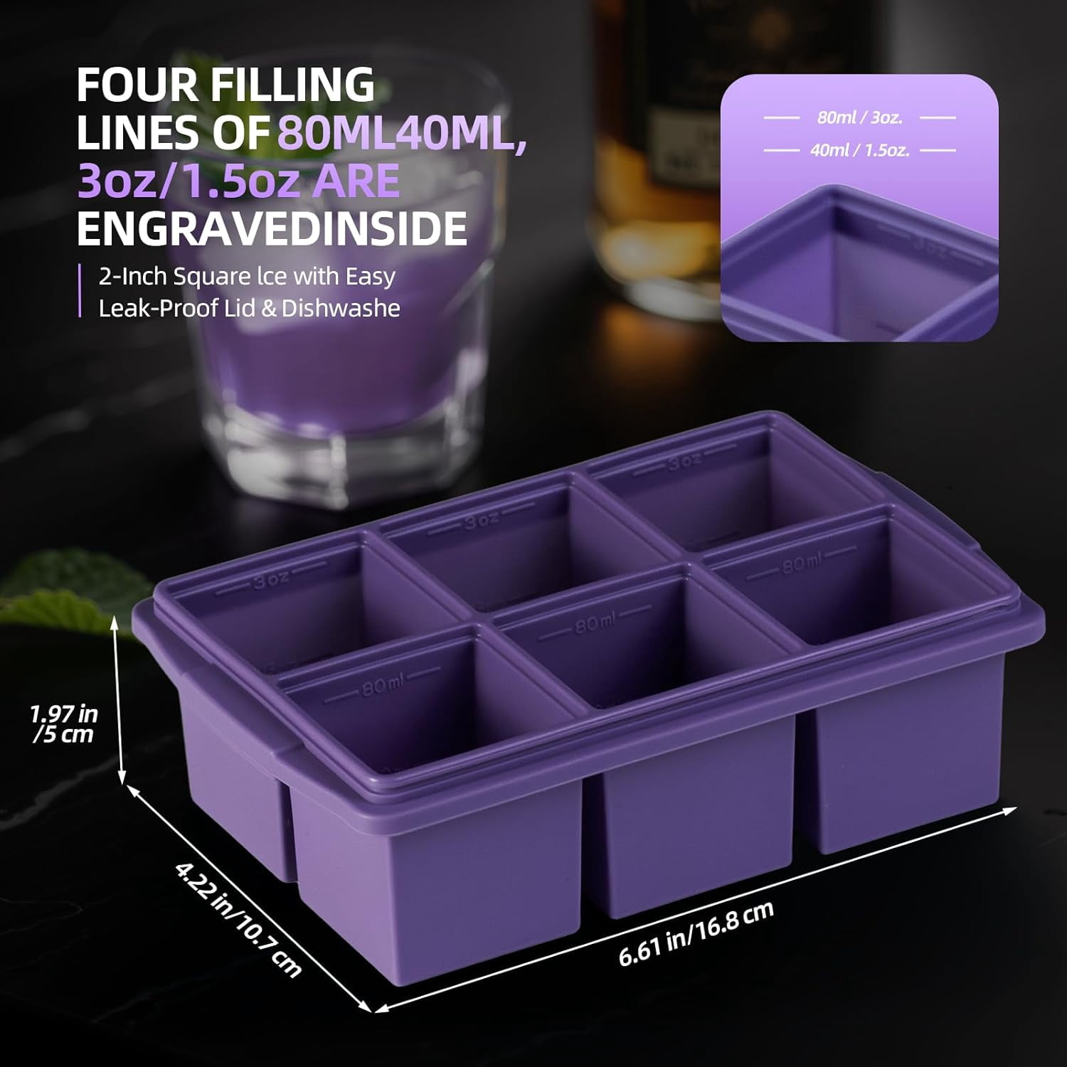 Large Ice Cube Trays for Whiskey (2 Pack) - Silicone Ice Cube Molds with Steel Frame Reinforcement & Lid, 2-Inch Square Ice Cubes for Whisky, Cocktails, Coffee, Tea - Easy Release