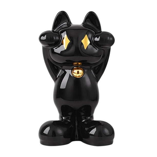 Estatua de gato de la suerte, decoración de escritorio, escultura animal, artesanía moderna, gato de la suerte. Negro