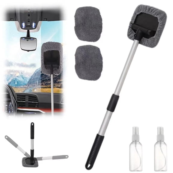 Magnetic Car Window Cleaner Tool - Expandable Windshield Cleaner with Reusable Microfiber Pads & Spray Bottle - All-Purpose Interior Exterior Glass Cleaning Kit