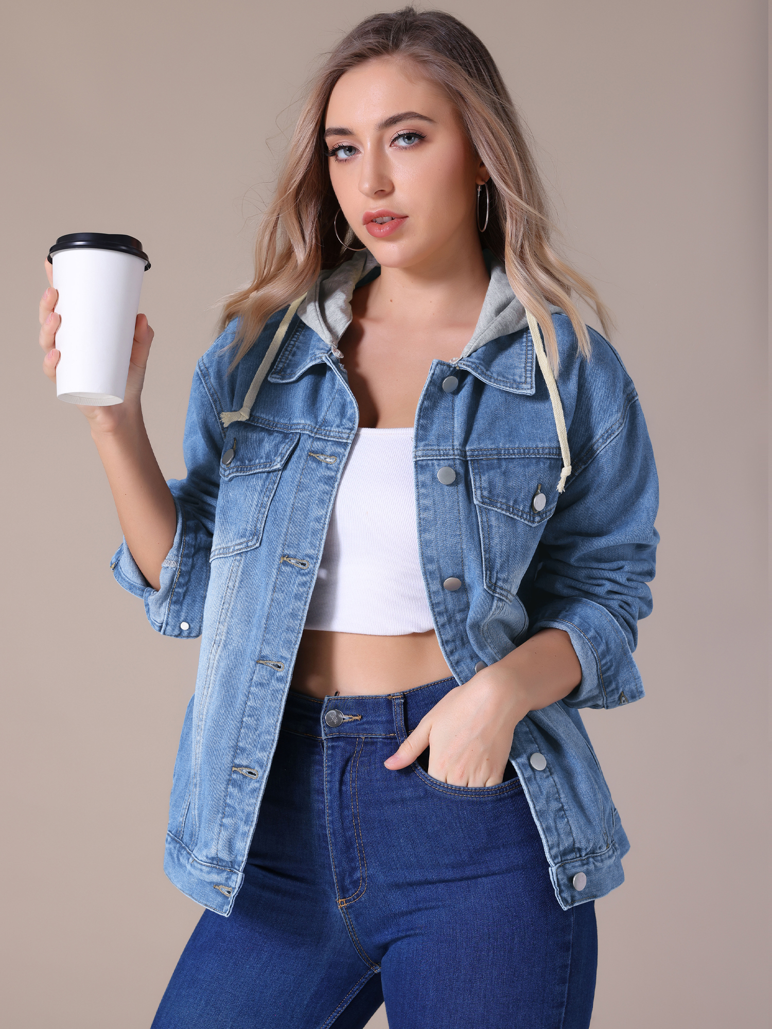 Unique Bargains Women's Denim Long Sleeves Jacket with Detachable Hoodie XL Blue