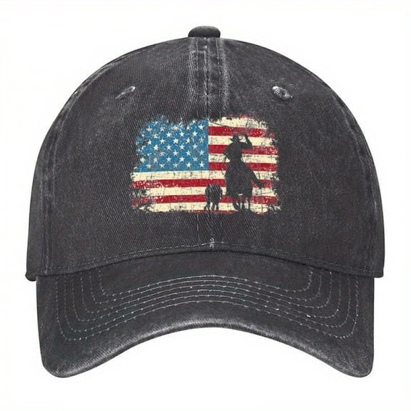 Vintage Washed Baseball Cap with Distressed USA Flag & Cowboy Silhouette Design - 100% Polyester, Hand Wash Only, Western Ranch Rodeo Patriotic Hat for Men & Women, Outdoor Accessories
