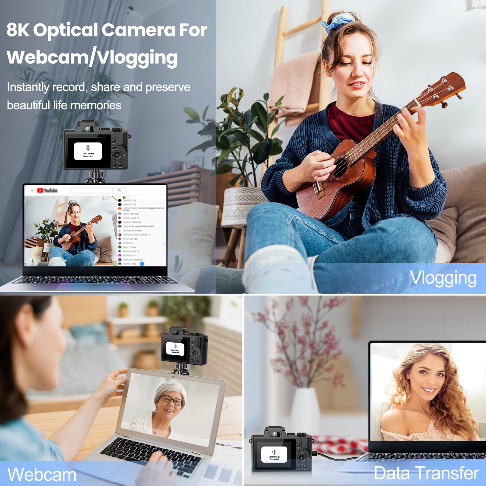 Black 8K Digital Camera 88MP Autofocus WiFi Vlogging Camera for Photography with Front and Rear Lens, Flash, Touch Screen, Lens Hood
