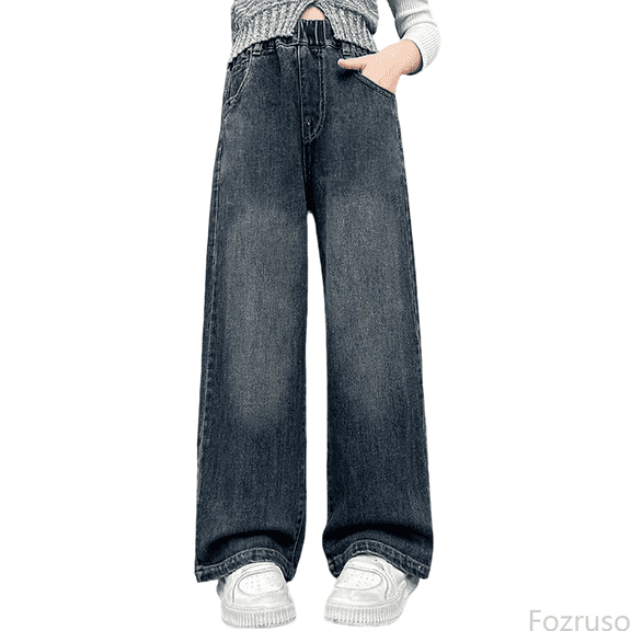 Fozruso Girls Casual School Pants Girls Jeans Pants Wide Leg Denim Pant High Waist Elastic Band Casual With Pockets Kids 6 14Y Sizes 5-6 Years