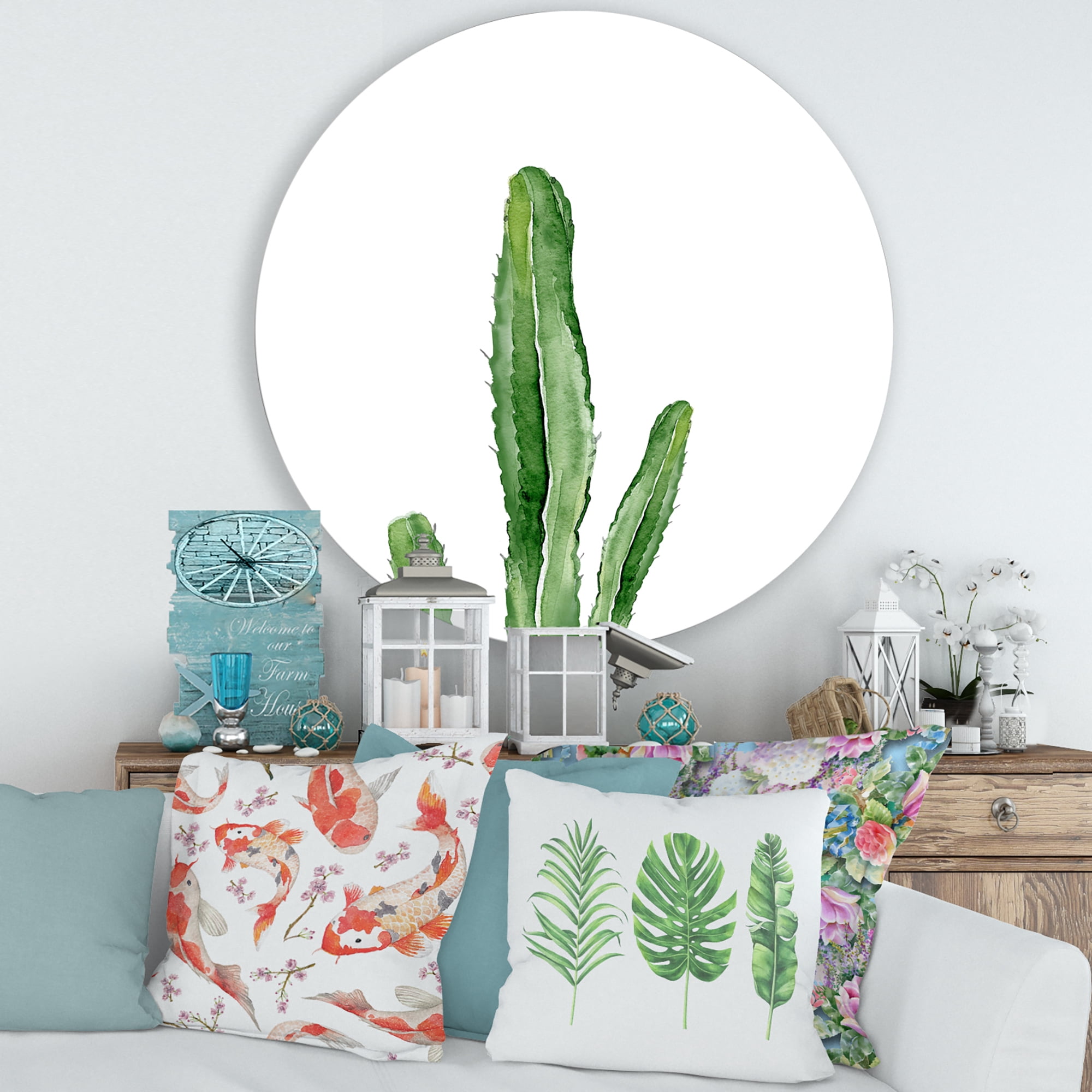 Designart 'Green Cactus South Western Plant' Tropical Circle Metal Wall Art 29x29 - Disc of 29
