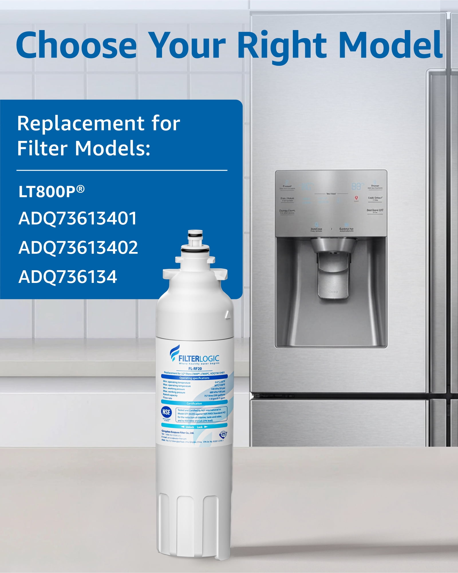 Filterlogic ADQ73613401 Refrigerator Water Filter, Replacement for LG® LT800P®, LT800PC, ADQ736134, ADQ73613402, LSXS26326S, LSXS26366S, LMXS30776S, LSXS26366D, LMXC23746S, 46-9490, 469490, Pack of 6