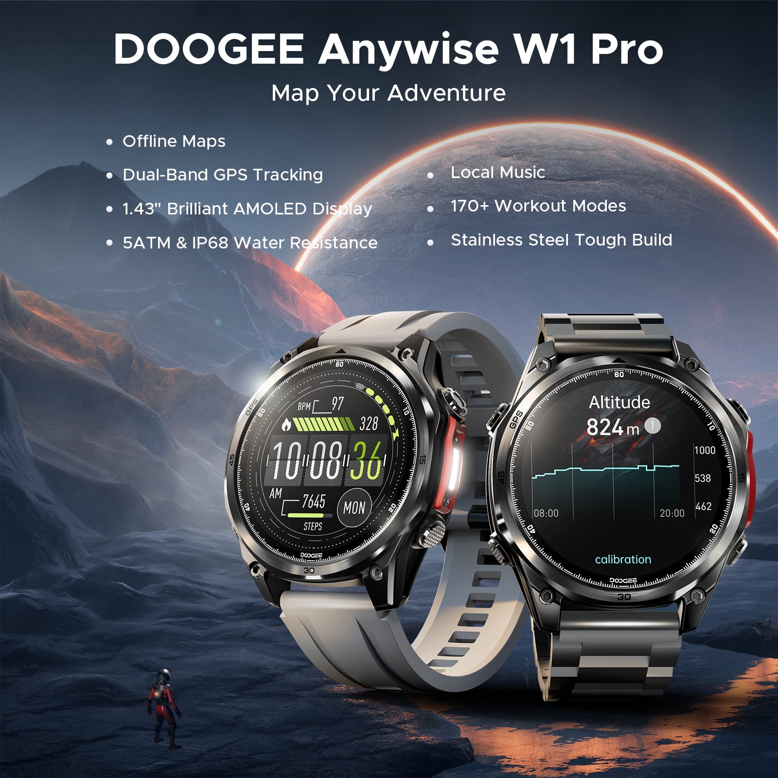DOOGEE Anywise W1 Pro Mens Smart Watch, 5ATM Dual-Band GPS Offline Maps,1.43" Fitness Smartwatches for Android Phone/iPhone Compatible,170+ Sports Modes, Answer/Make Calls/12 Days Battery/2 Strap