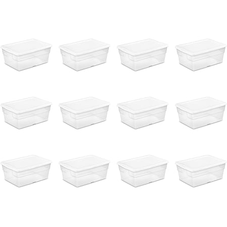 Sterilite 16448012 16 Quart/15 Liter Storage Box, White Lid with Clear Base, 12-Pack