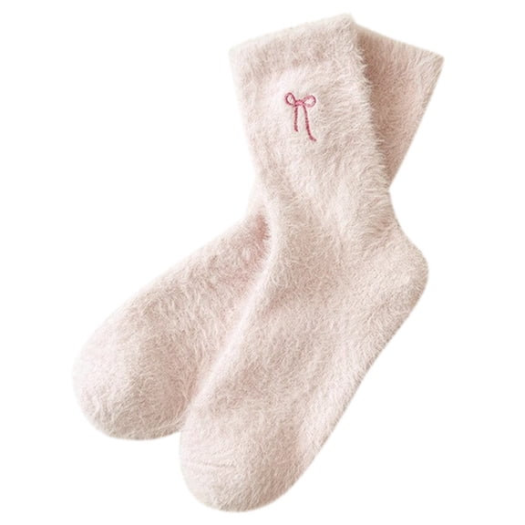 CUZIBR Socks For Women Winter Fuzzy Lined Crew Socks Cute Bow Embroidery Solid Warmth Plush Stockings Casual Breathable Socks,Light Pink,One Size