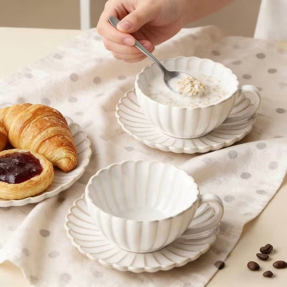 Vintage Chrysanthemum Ceramic Coffee Tea Cup Saucer Set, Floral Porcelain Mug with Heat-Resistant Handle