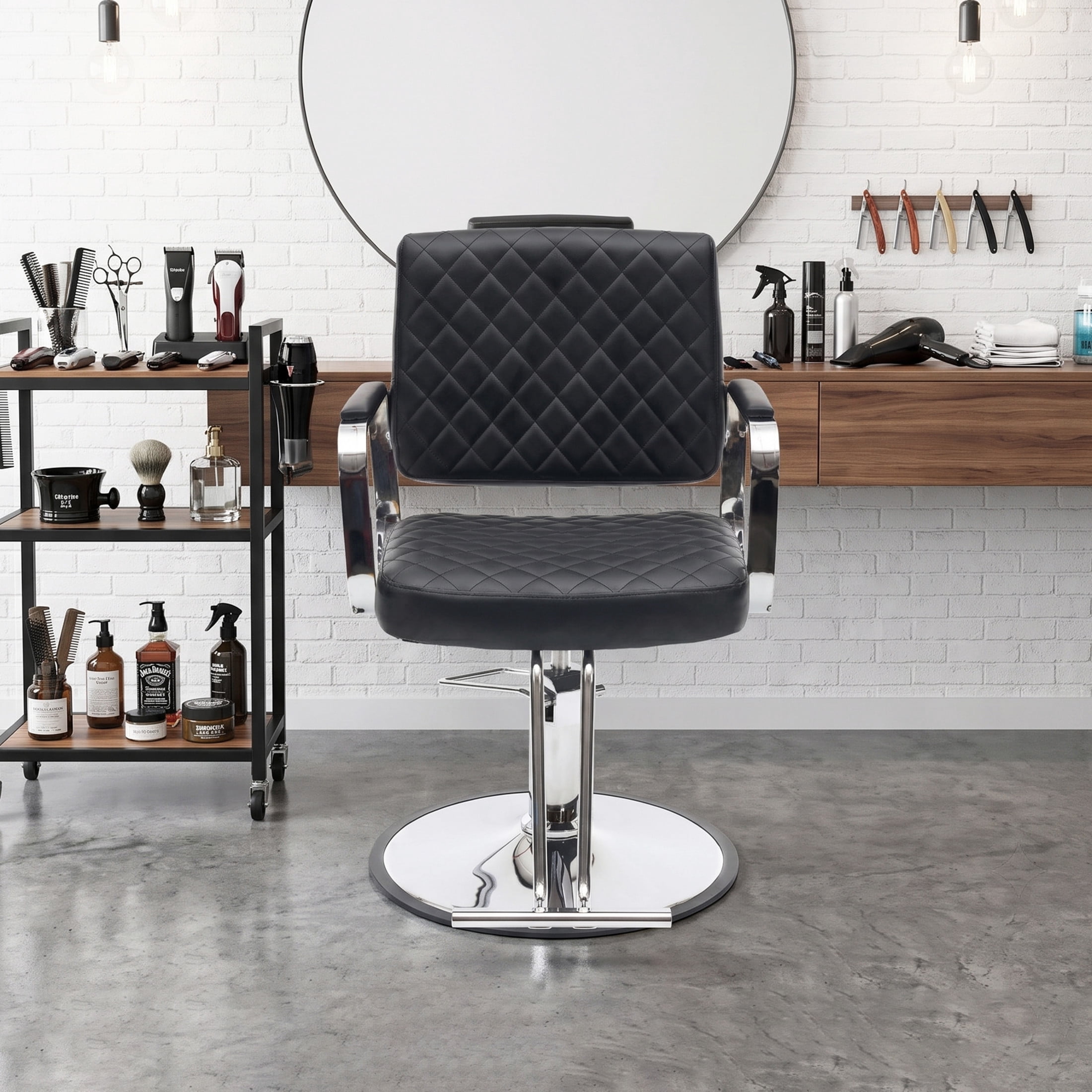Noble House 360° Swivel Adjustable Salon Styling Chair, Diamond-Quilted PU Upholstery, Black+Silver
