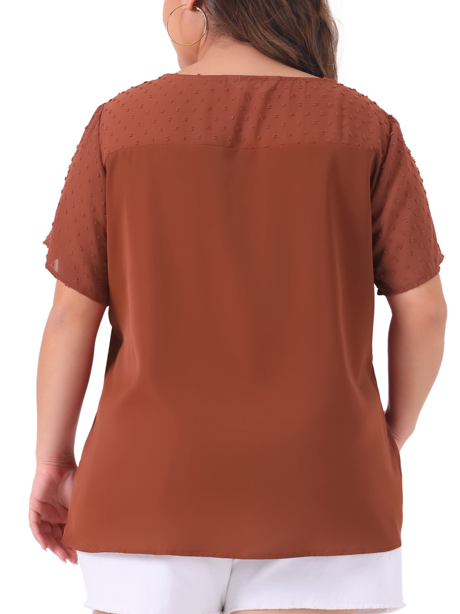 Unique Bargains Women's Plus Size Short Sleeves Polka Dots Lace Panel Top 2X Caramel