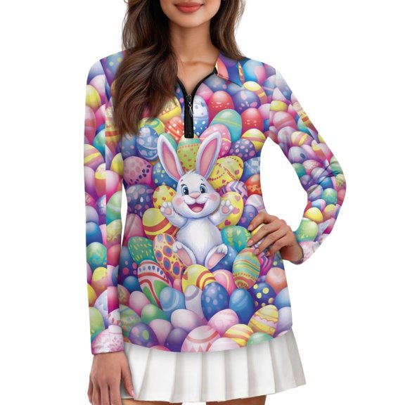 Uorisanigo Easter Bunny Women's Long Sleeve Golf Shirt Soft Casual Women's Dry-Fit Golf Polo Shirts Comfortable Outing Wear for Workout Sports Size XS