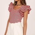 thumbnail image 4 of SHTXOZHI Womens Summer Ruffle Sleeve Blouses Scoop Neck Casual Striped Shirts Color Block Fashion Tops, 4 of 7