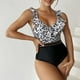 thumbnail image 3 of Traje de baño de una pieza con estampado de leopardo, sin mangas, con volantes, cuello en V, traje de baño de una pieza sin espalda a la moda para mujer, blanco M, 3 of 8