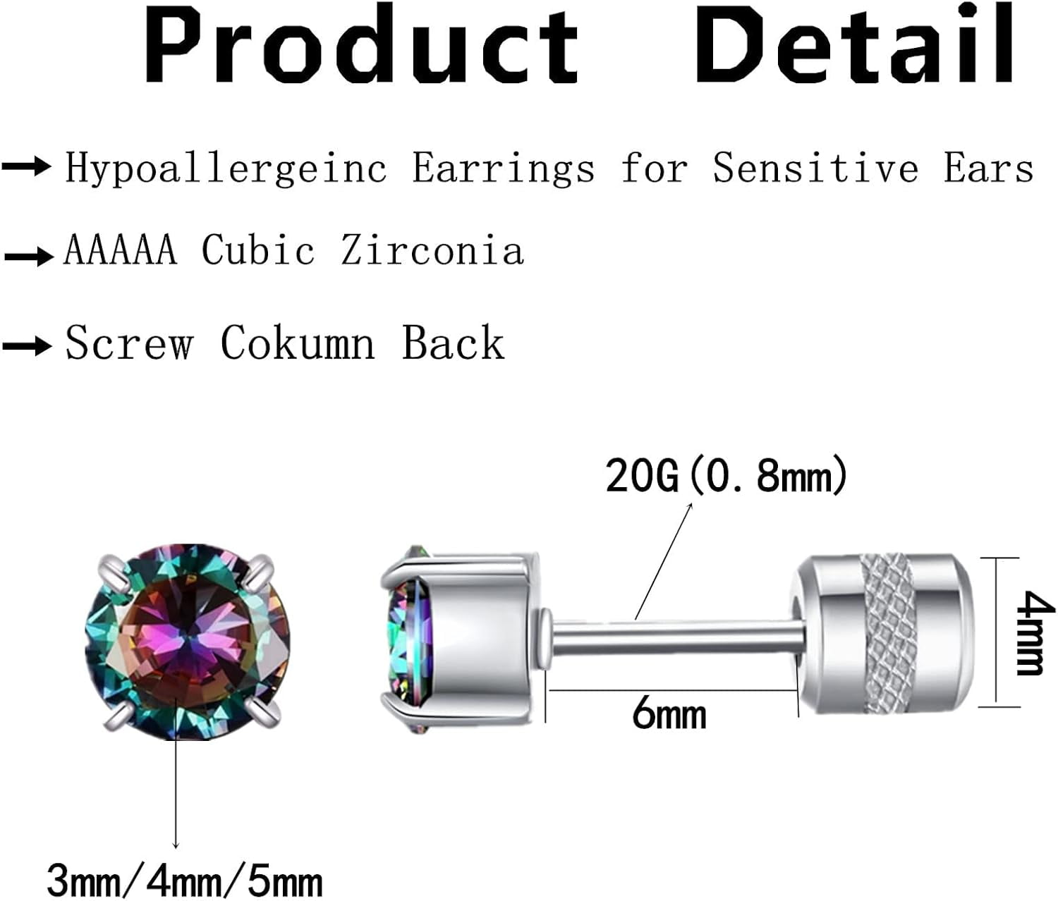 Hopply 3 Pairs hypoallergenic skin-friendly Titanium Earrings for Sensitive Ears,Screw Back Surgical Elite Stainless Steel 5A Cubic Zirconia Piercing Sleeper Stud Earrings[j856]