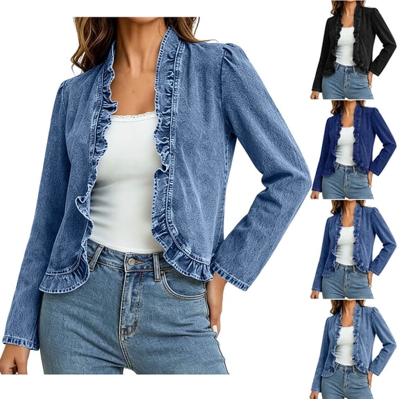 Admvng Women's Denim Shrug Jacket Open Front Ruffle Trim Long Sleeve Cropped Casual Jean Cardigan