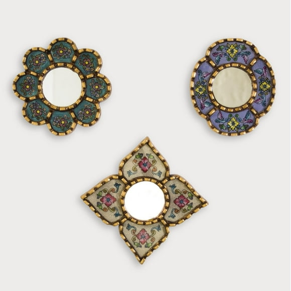 small accent wall mirror set of 3 - decorative vintage mirrors of 6" for wall decor, peruvian mirrors vanity with bronze leaf 'miraflores'