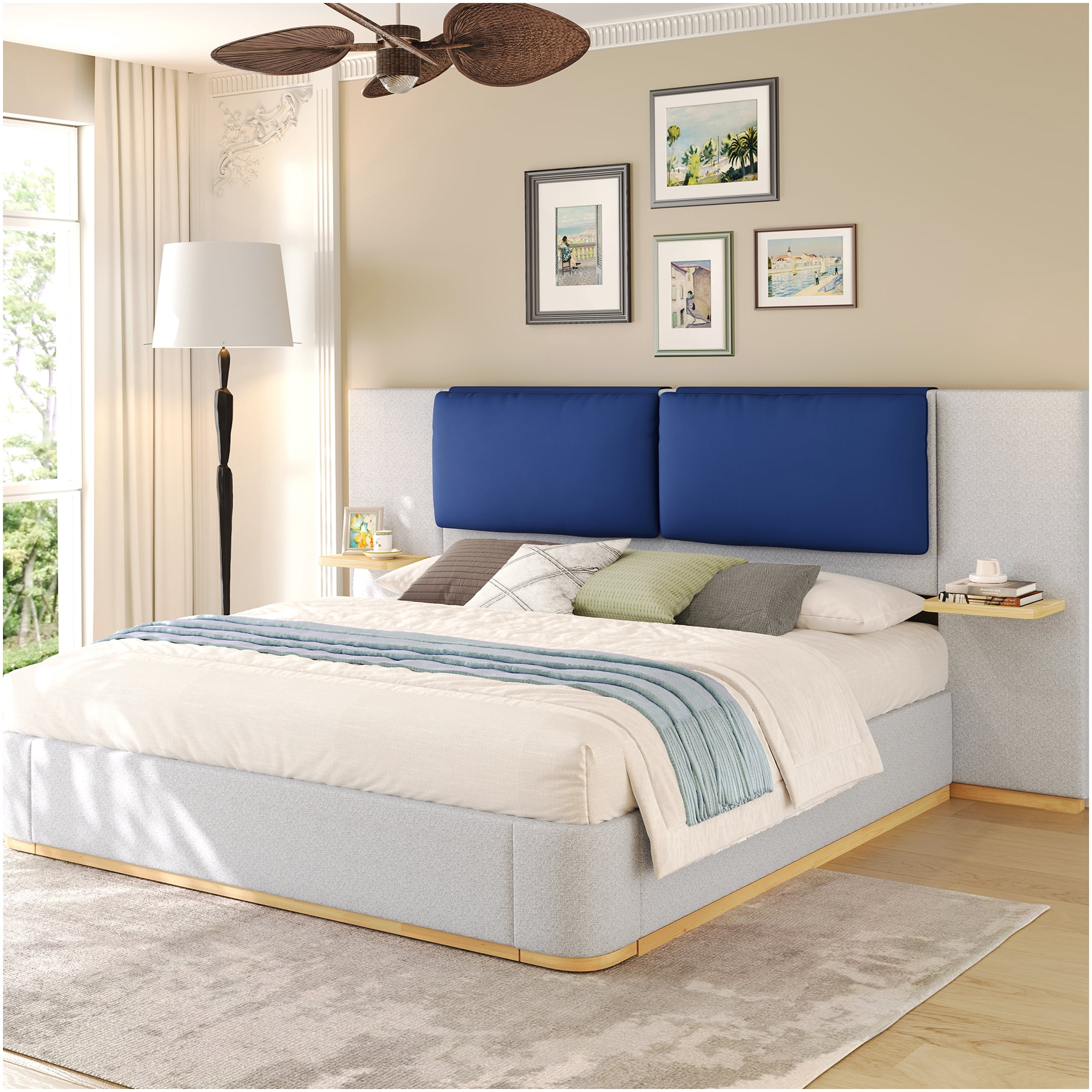 Queen Upholstered Storage Bed Frame with Shelves, Blue Grey Fabric Headboard, No Box Spring Needed, Noise Free Platform Bed