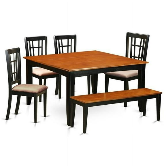Dining Room Set with Table & 4 Solid Wood Chairs Plus One Bench, Black & Cherry - 6 Piece