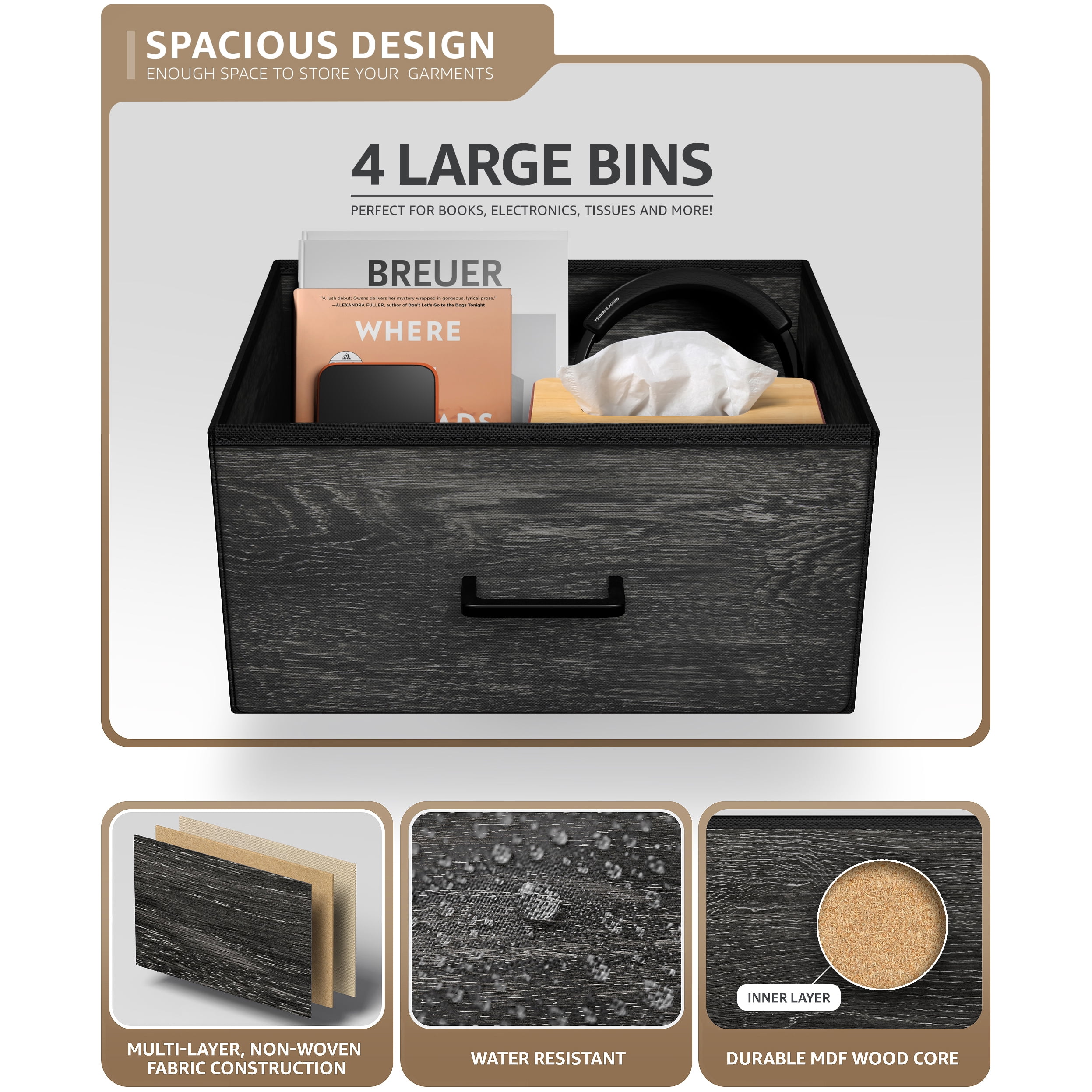 Sorbus 4-Drawer Nightstand, Bedside Table with Steel Frame, Wood Top, Rustic Black