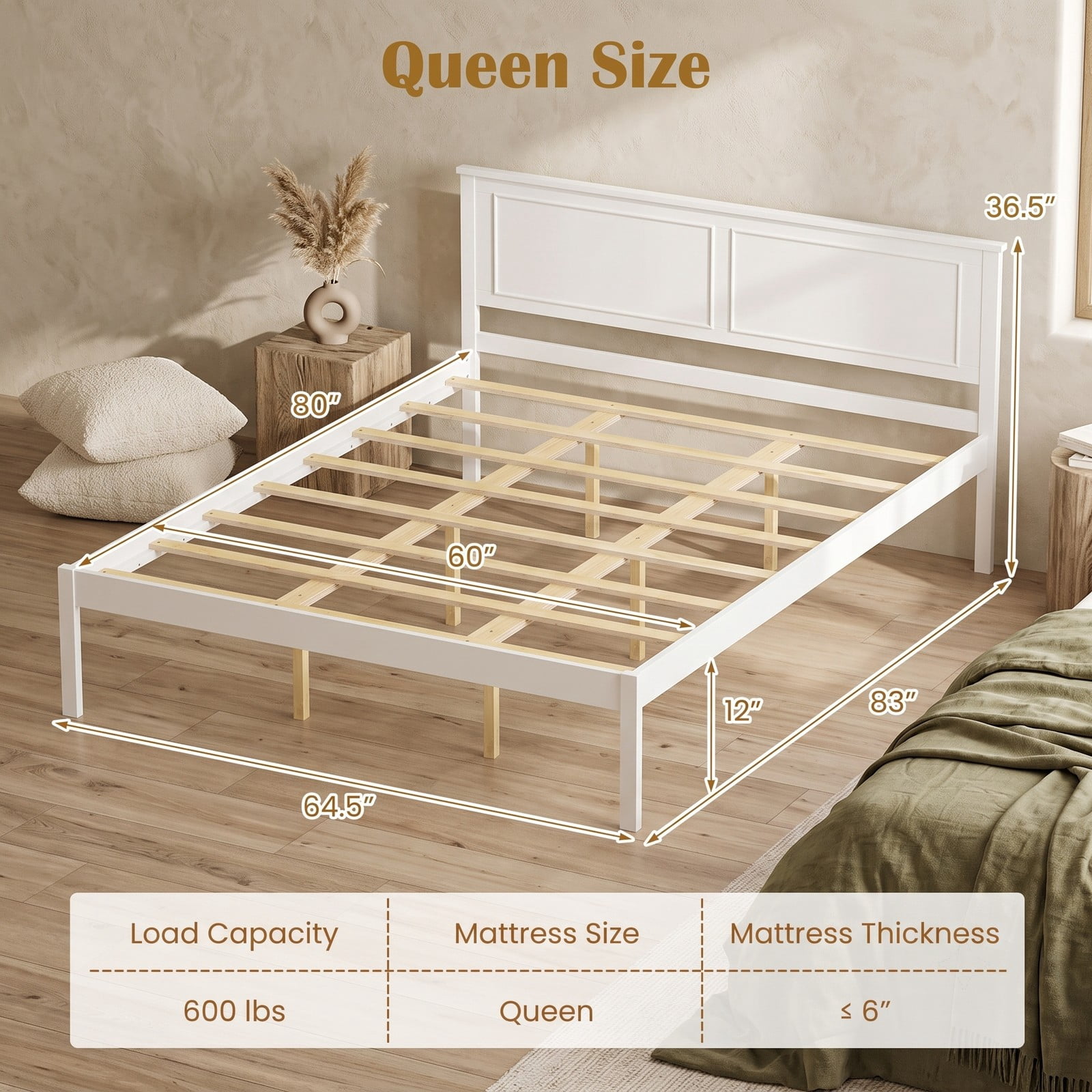 Furnibear Queen Size Farmhouse Wood Bed Frame Platform Bed with Paneled Headboard and Under Bed Storage for Bedroom Guest Room, White