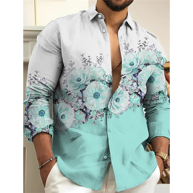 Camisa de hombre con estampados gráficos florales, cuello vuelto, para exteriores, calle, manga larga, ropa estampada, ropa de diseñador