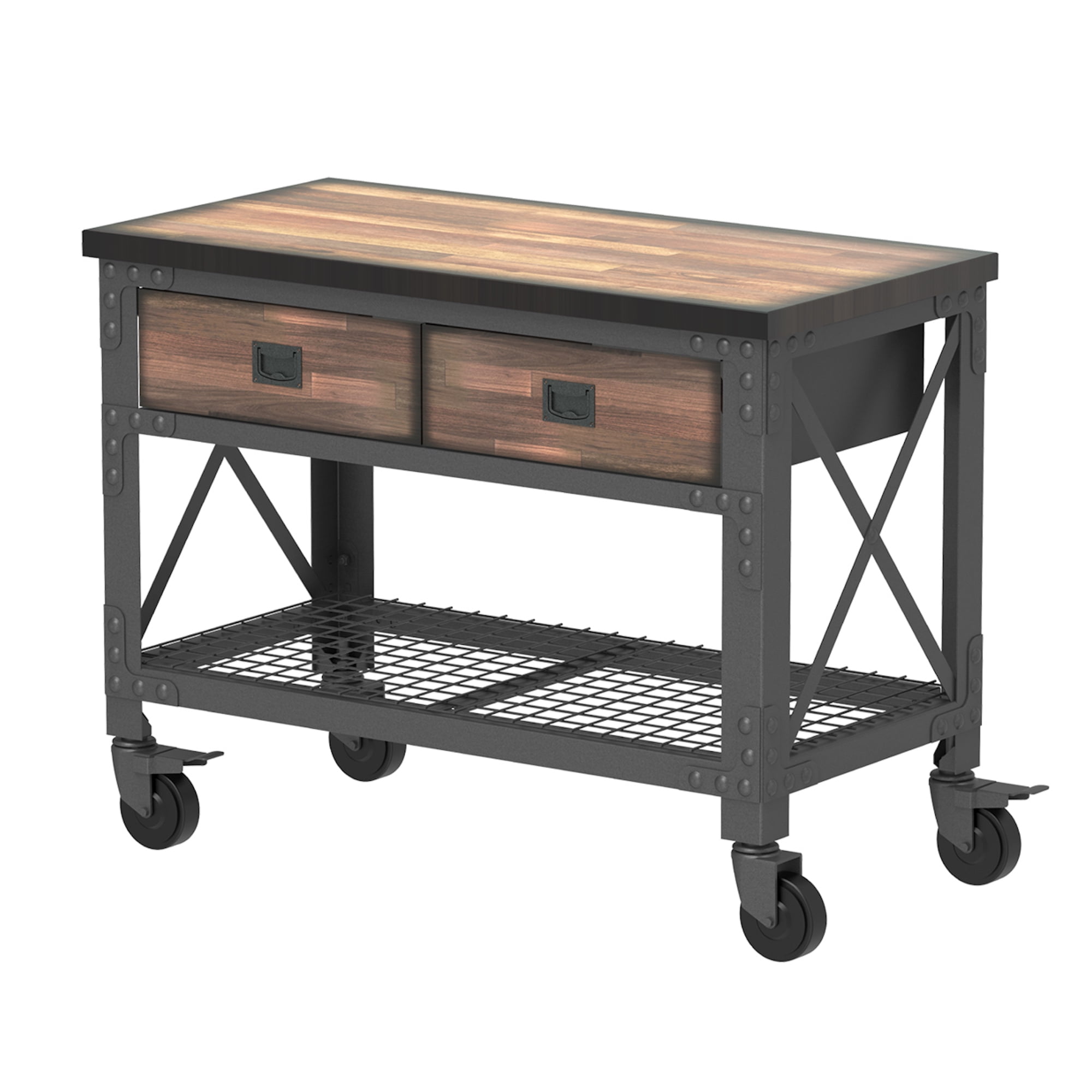 metal workbench with wood top