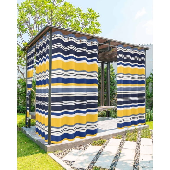 Navy Blue Yellow Striped Outdoor Curtains for Patio, Farmhouse Vintage Stripe Privacy Drapes Grommet Waterproof Outside Curtains for Porch/Cabana/Balcony 54"x 108", 2 Panel