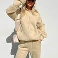 thumbnail image 6 of comerut 2 Pcs/Set Women Coat Pants Set Solid Color Soft Warm Zipper Cardigan Hat Elastic Waist Drawstring Autumn Tracksuit for Daily Wear, 6 of 8