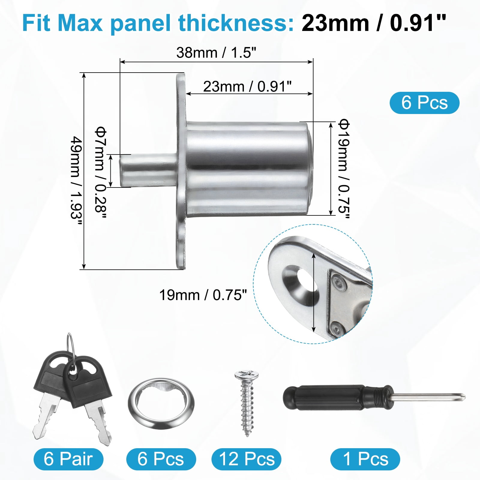 Uxcell Push Plunger Lock 23mm(8/9 Inch) Cylinder Length, 6 Pcs Zinc Alloy Cabinet Door Lock Keyed Alike for File Desk Drawer Wardrobe Sliding Door