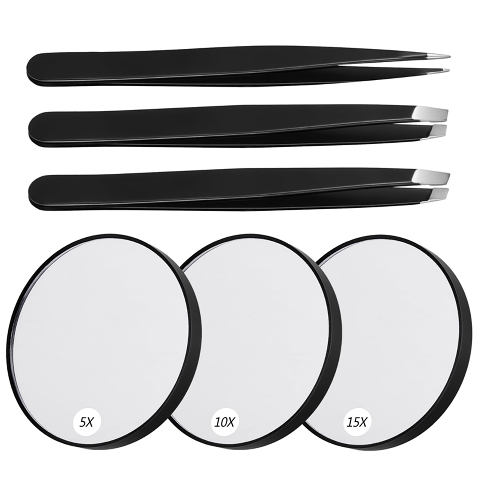 Taihexin 6 Pcs Magnifying Mirror and Eyebrow Tweezers Kit, 5X 10X 15X Portable Suction Cups Makeup Mirror,  Handheld Round Magnifying Mirror for Travel Set