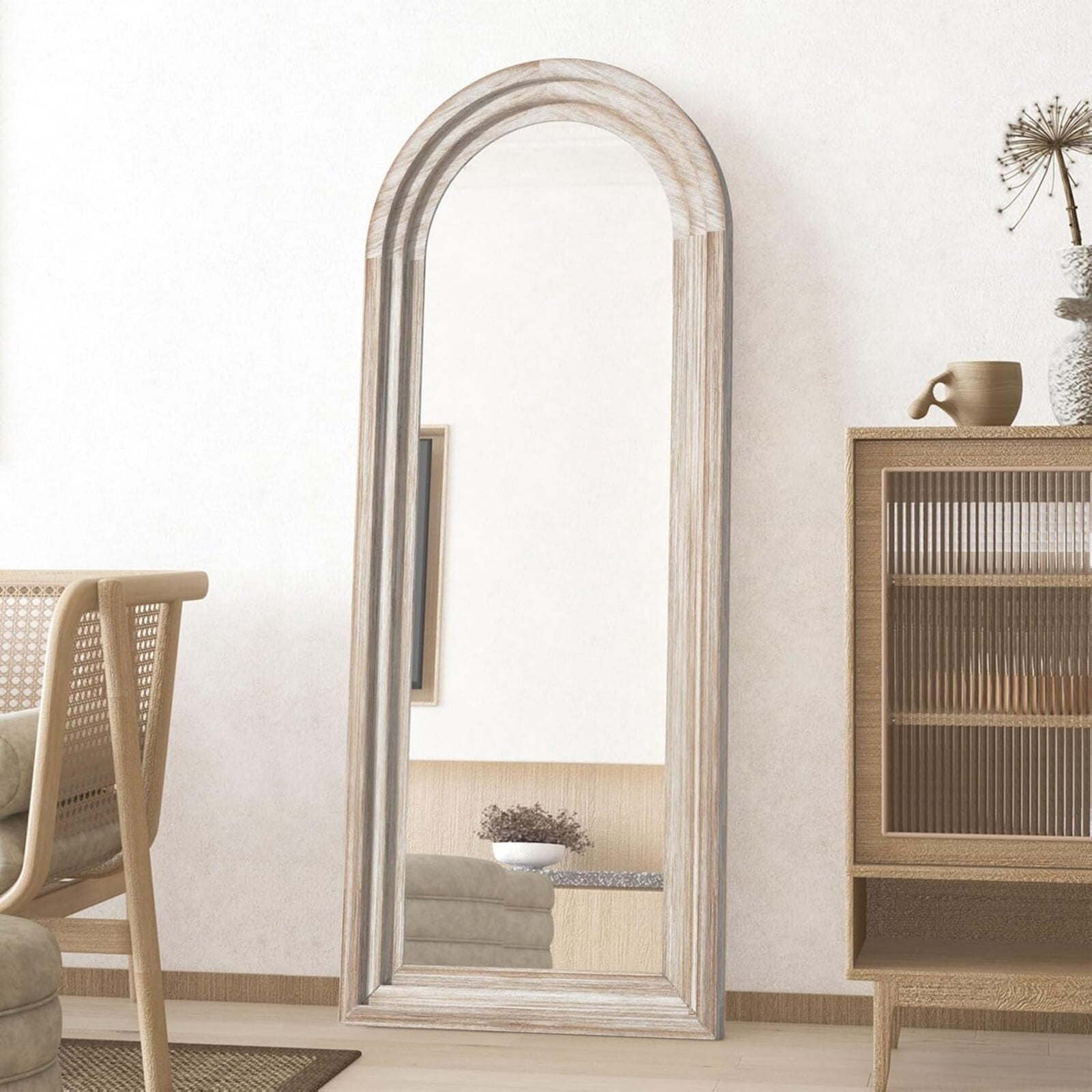 BEAUTYPEAK 65"x22"Wooden Arched Full Length Mirror with Stand,White