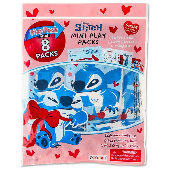 Disney Stitch 8 Count Mini Play Pack with Small Coloring Book and Crayons, Valentine's Day Greeting Cards
