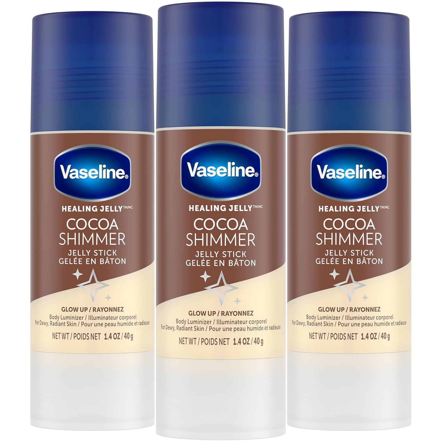 Vaseline Cocoa Shimmer Jelly Stick 3-Pack, Anti-Chafing Lotion, 1.4 Oz Ea Non-Greasy Face & Body Moisturizer for Radiant Skin | Smooth Chafing, Rough Elbows & Heels | Mess-Free Application