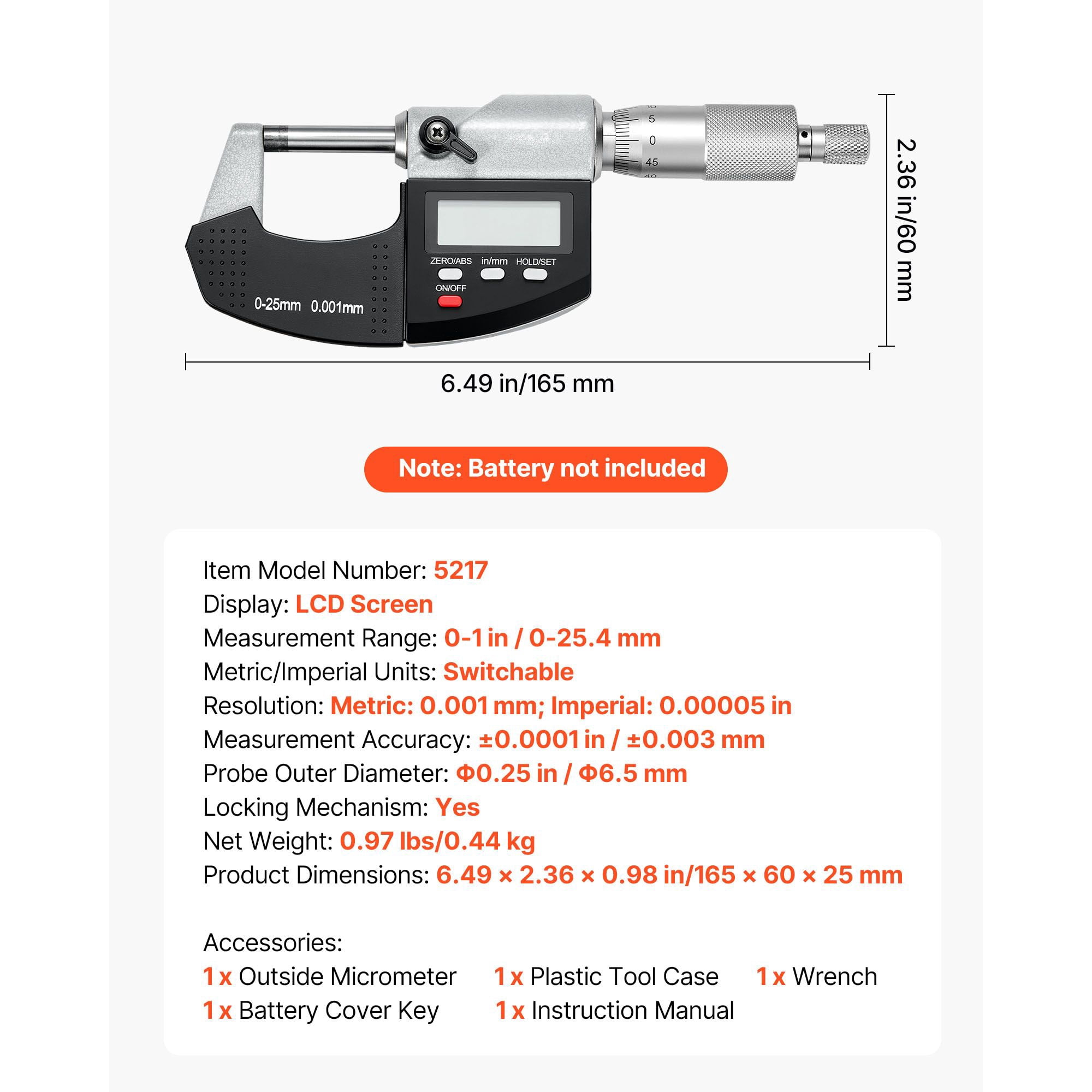 High-Precision Outside Micrometer 0-1" / 0-25.4mm, ±0.0001" Accuracy, Precision Measuring Tool for Engine Parts Fine Components