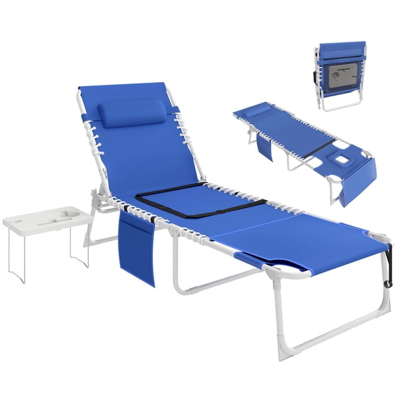 Chaise Lounge Chair with Side Table, 5-Position Adjustable Folding Outdoor Sun Lounger, Navy Blue Steel and Breathable Mesh for Beach or Patio