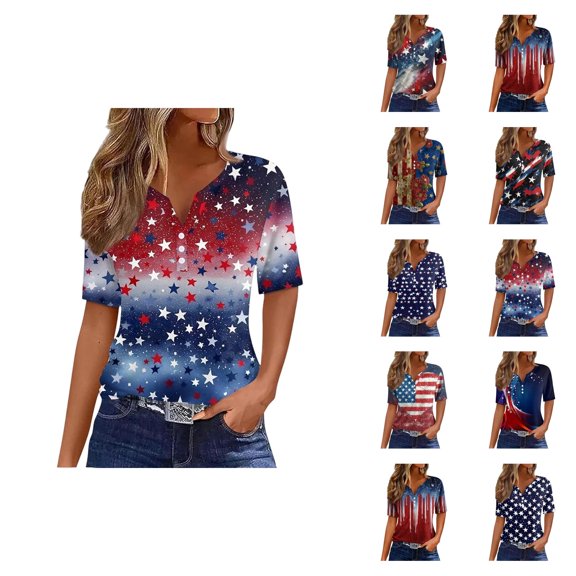 Patriotic Shirts for Women Red White Blue Graphic V Neck Tshirt Casual Comfortable Summer Top 4th of July Clothes