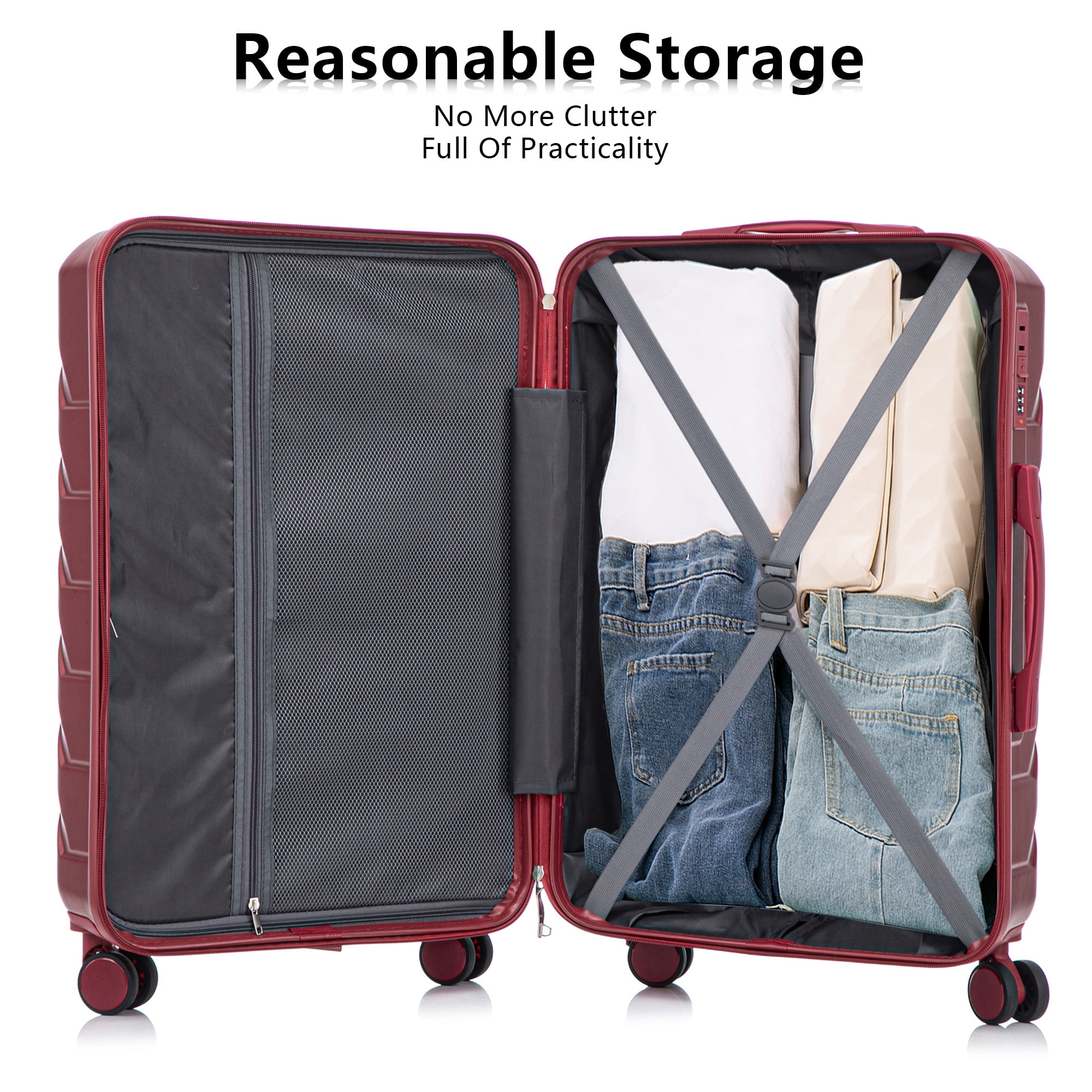 Alvantor 3Pcs Luggage Set, ABS Hardside Spinner Suitcase with Combination Lock, 20/24/28 Inch, Wine Red