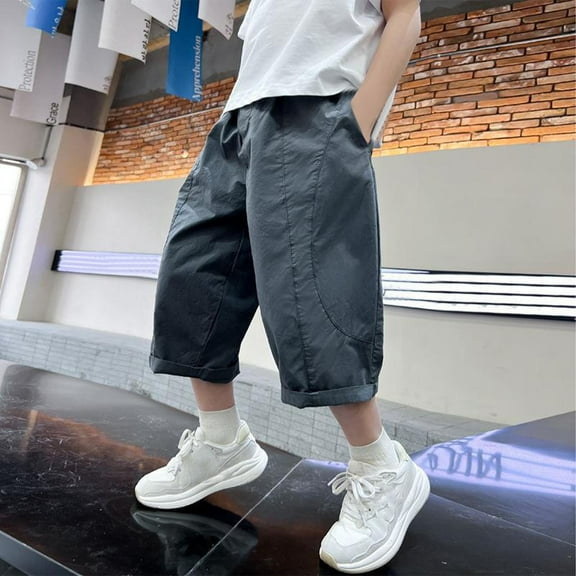 Capris Cargo Pants for Boys with Pockets 4-14 Years Teens Kids Lightweight Solid Elastic Waist Wide Leg Going-Out Loungewear Cropped Pant