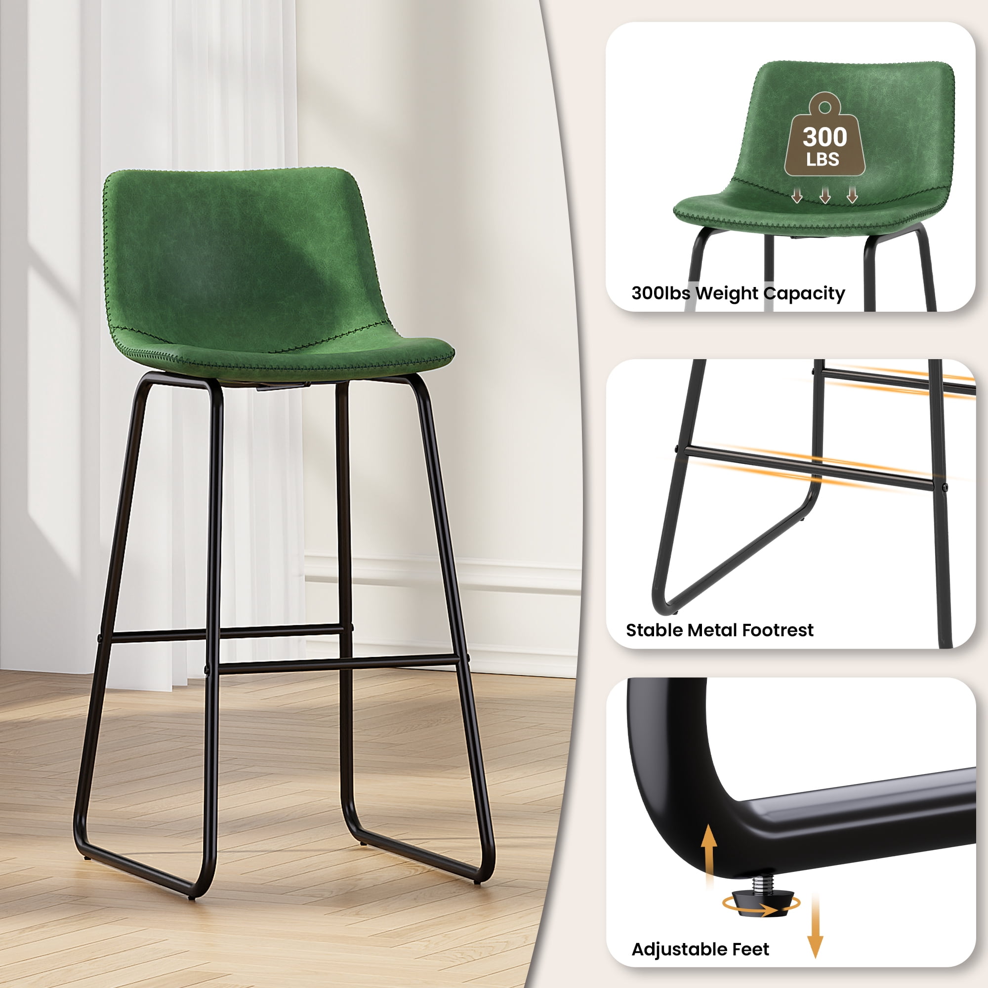 Aufeile 30" Counter Height Bar Stools Set of 2 – Modern Faux Leather Barstools with Back & Metal Legs, Kitchen Bar Chairs for Island, Dining Room, Green
